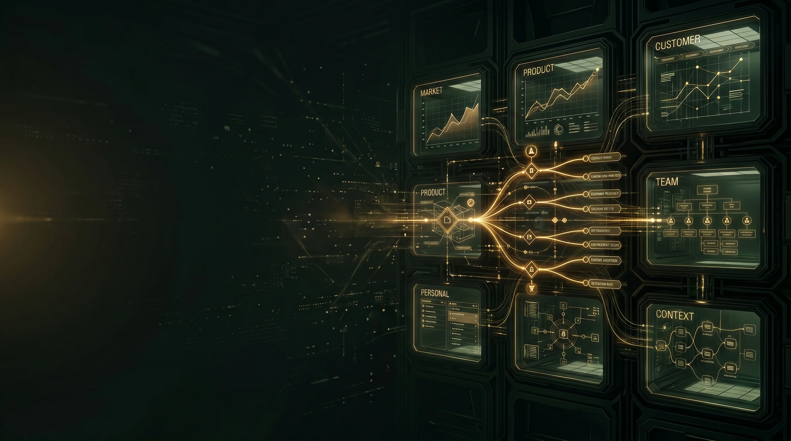 World-aware decision room with market, product, customer, team, personal, and context panels connected into forecast paths