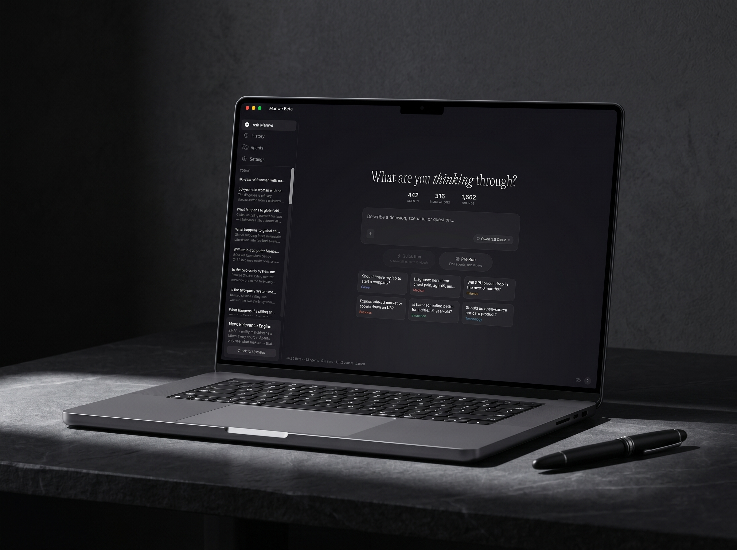 Manwe Mac beta decision room on a laptop