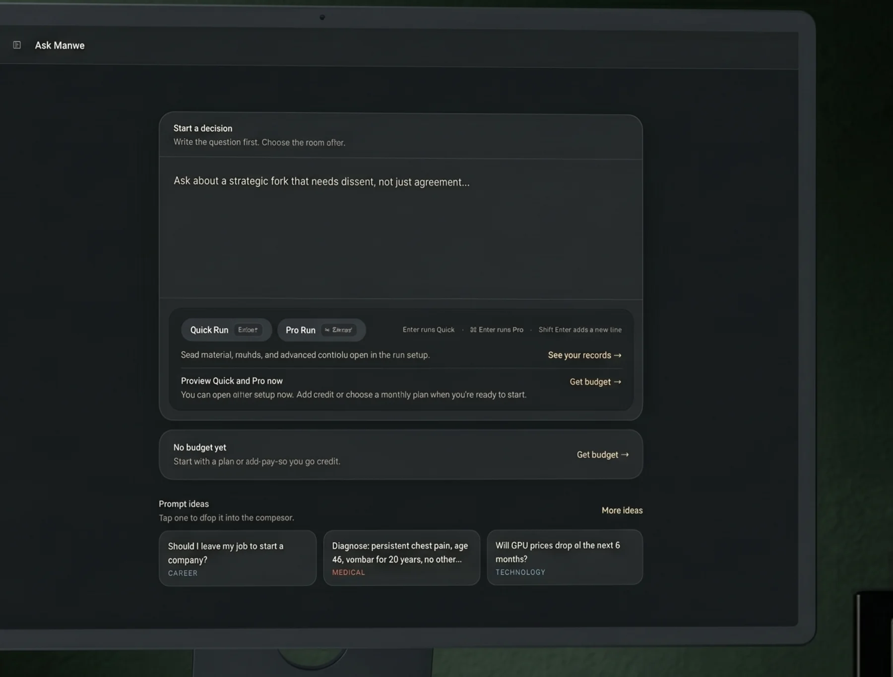 Manwe web app start screen for creating a decision record